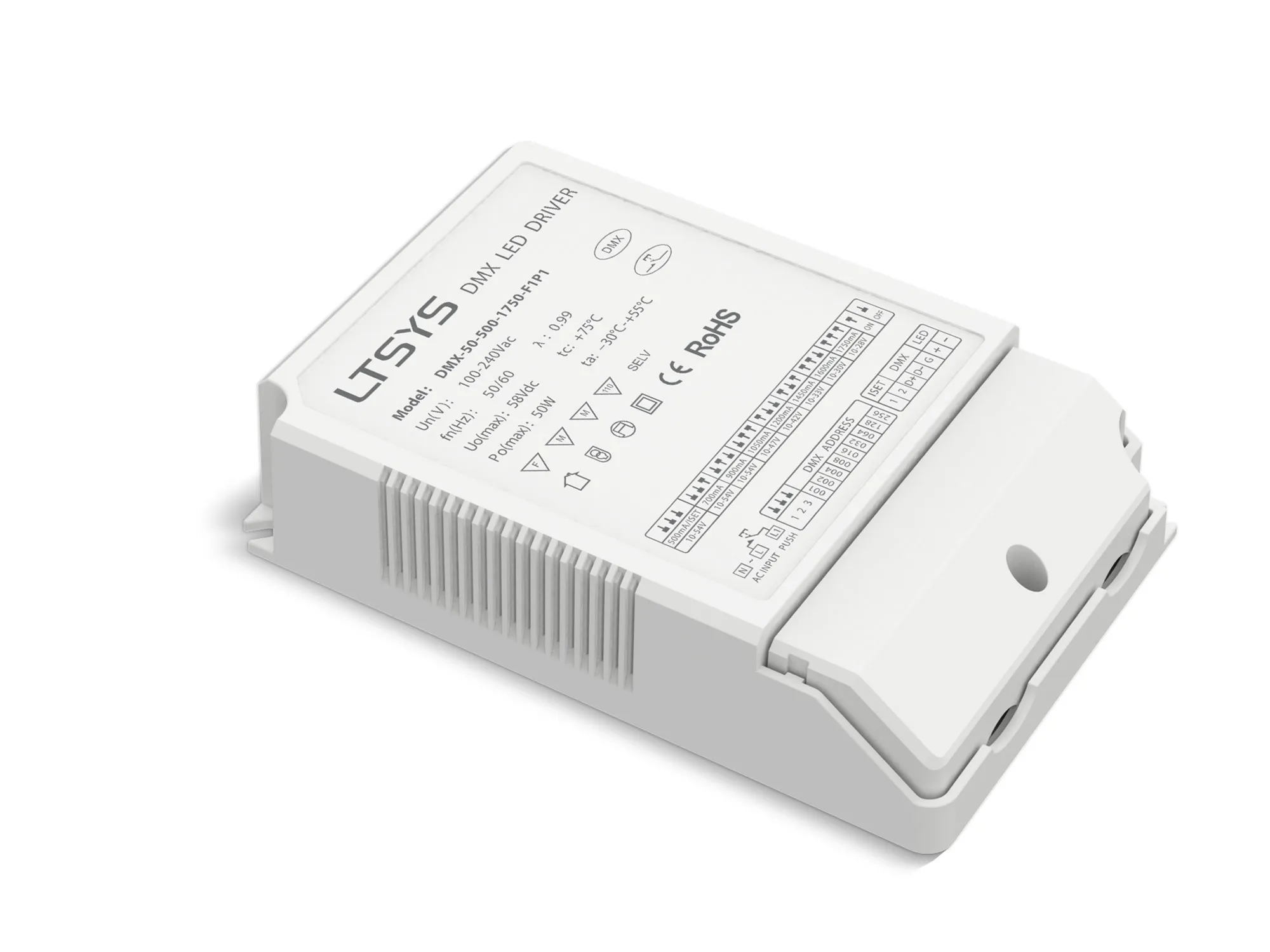 DMX-50-500-1750-F1P1  DMX512, Push Dim PWM 5-50W Current Dimmable Driver DC:10-54V